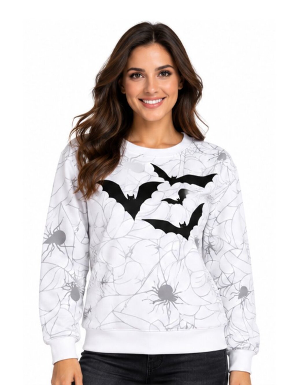N.W.T Women's White Spiders and Bats Print Spooky Halloween Sweatshirt